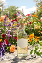 Elegant clear glass bottle with a blank label and cork stopper amidst a vibrant flower garden, perfect for natural beauty and essential oil product displays
