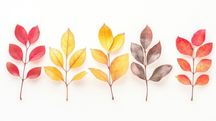 Vibrant Autumn Leaves of Virginia Creeper and Japanese Maple in High Detail on White Background