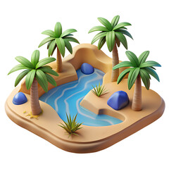 Obraz premium Tropical Oasis Illustration: A whimsical illustration of a tropical oasis, featuring lush palm trees, a winding blue river, and a sandy terrain. Capturing the serenity of a hidden paradise.