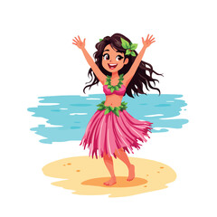 Vsai hawaiian dancer performing on tropical beach, cartoon girl wearing traditional costume