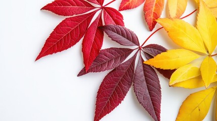 Vibrant Autumn Leaves of Virginia Creeper and Japanese Maple in High Detail on White Background