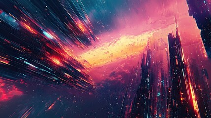Abstract futuristic cityscape with vibrant colors and dynamic light trails