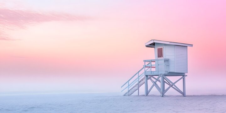 Serene Lifeguard Tower at Dusk on Tranquil Beach with Soft Colors