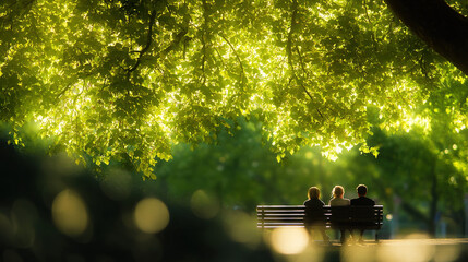 people sharing a quiet moment on a park bench, bathed in sunlight. A serene connection amidst nature.