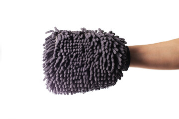 gray shaggy sponge in hand on white background, isolate, close-up