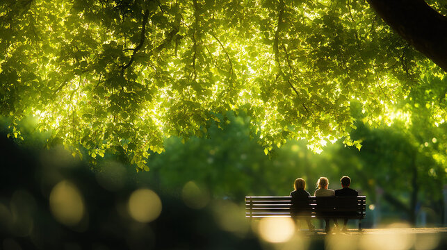 people sharing a quiet moment on a park bench, bathed in sunlight. A serene connection amidst nature.