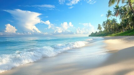 Serene tropical beach vista with turquoise waters and fluffy cloudscape