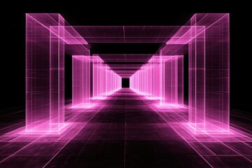 Fototapeta premium Pink glowing structures forming a long geometric tunnel to a void