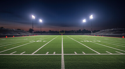 Fototapeta premium Empty football field under night lights, wide-angle view from the ground. The quiet drama of anticipation before the game.