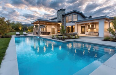Fototapeta premium A large modern home with an infinity pool and outdoor kitchen, at night, with security lights on in the house and a lawn area behind it