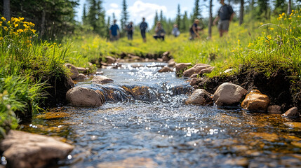 Clear stream water flows over rocks surrounded by green grass and yellow flowers Silhouetted figures stand in the back