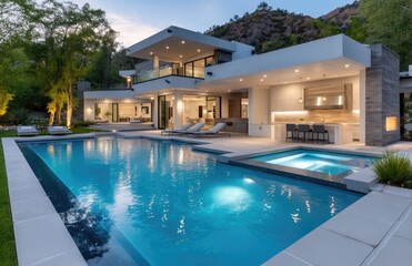 A large modern home with an infinity pool and outdoor kitchen, at night, with security lights on in the house and a lawn area behind it