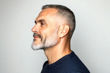 Obraz premium Concept pattern layout of style for aging men. Classy men's buzz cut haircut - midlife white man with grey hair. Pure white solid background. A sophisticated gentleman in a well-lit studio.