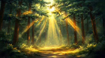 Sun rays filter through a dense forest illuminating a path Vegetation thrives dotted with sparkling light particles