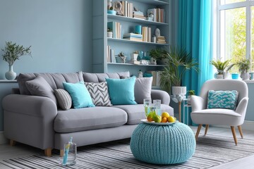 a modern living room with a grey sofa, a white armchair, and light blue curtains on the window