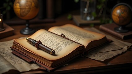 Antique Open Book with Quill Pen, Globe, and Map on Wooden Desk. Vintage Still Life Composition
