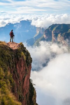 Hiker standing on a cliff edge enjoying breathtaking view of sumauma canyon