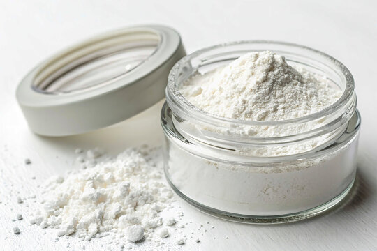 Titanium dioxide TiO2 in a jar on a solid white background