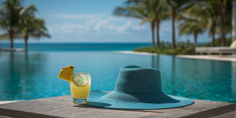 Obraz premium Tropical cocktail drink beside turquoise sunhat, by a swimming pool, ocean background, showcasing summer vacation relaxation