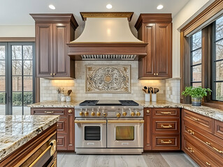 Interior kitchen view wooden cabinets with an exhaust hood and stainless steel stove counter and window