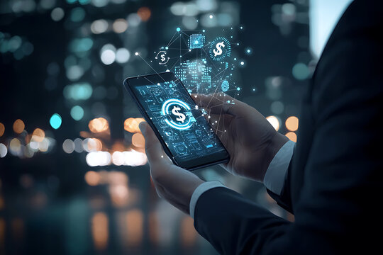 Digital payment revolution smartphone transactions in urban nightscape technology modern business environment
