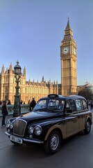 Obraz premium Classic taxi cab parked near big ben and houses of parliament in london