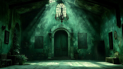 Obraz premium Old room in emerald tones sunlight comes through a window above the big door and illuminates the antique chandelier and