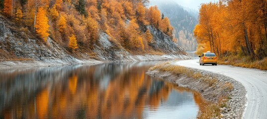 Taxi driving on scenic road by lake in autumn