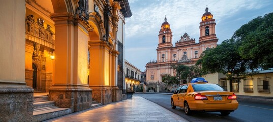Fototapeta premium Taxi cab waiting near the cathedral basilica of salta at dusk in argentina