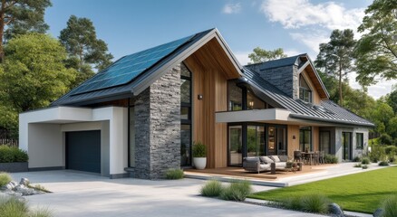 Modern house with solar panels on the roof, stone walls, and a large terrace in front of it, set against green grass near a small town in Poland