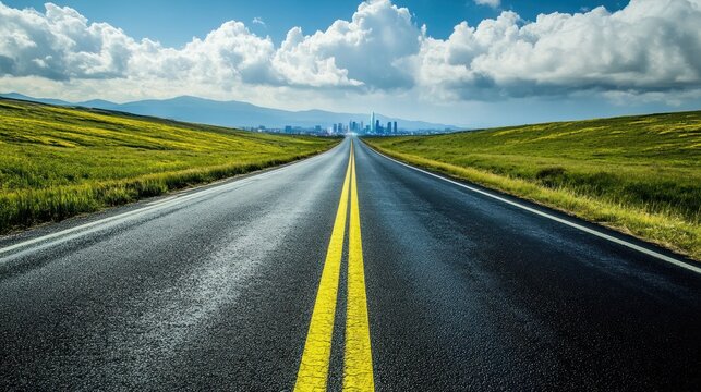 A long road leads through fields towards a distant skyline
