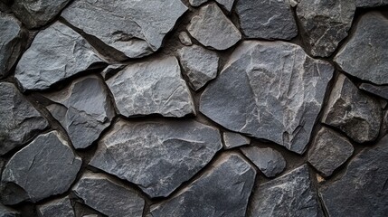 Obraz premium Textured black stone wall featuring aged rock blocks, ideal for interior design and decoration backgrounds. Suitable for various creative projects.