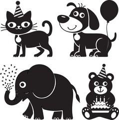 Naklejka premium Happy Birthday Animal Clipart Set, Vector Silhouette Design