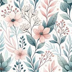 Floral Seamless Pattern background for Crafts and Sublimation with Minimal Botanical flowerrs in Pastel Watercolor