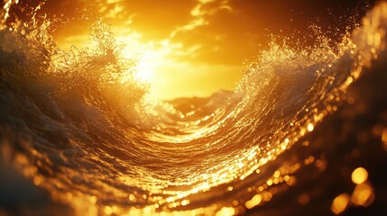 Waves dance under a golden sunset along the ocean horizon, capturing the beauty of nature's rhythms
