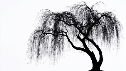 Silhouetted weeping willow tree against white background