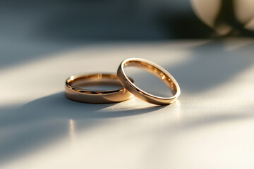 Elegant classic wedding band set with smooth polished finish romantic atmosphere jewelry photography soft lighting focus on products