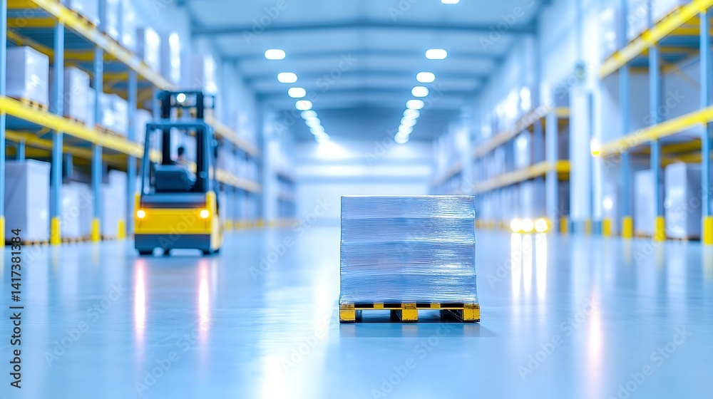 Poster yellow forklift transporting empty pallets in large warehouse, illuminated by task lights and glowin
