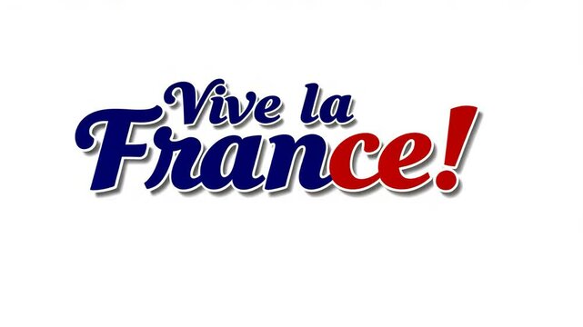 Vive la France motion video with red white and blue letters. French patriotic animation clip. Bastille Day holiday concept footage.
