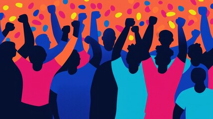 Colorful Celebration of Unity and Joy in a Crowd of People With Fists Raised