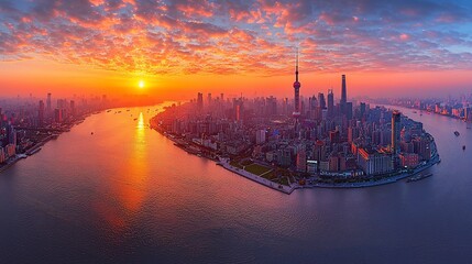 Naklejka premium Vibrant City Sunrise Aerial View