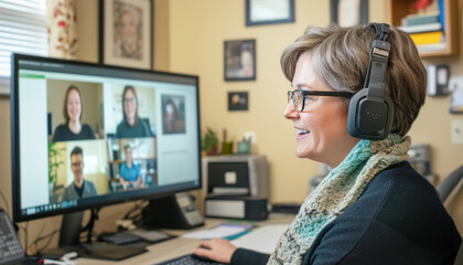 Professor attending online class using video conference software