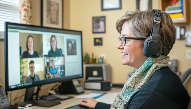 Professor attending online class using video conference software