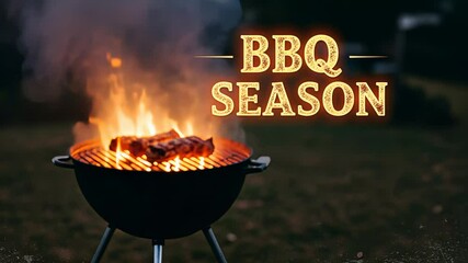 BBQ Season text on grill with fire and meat. Outdoor cooking preparing food on a barbeque. Summer time grilling and celebrating motion video footage. - Powered by Adobe