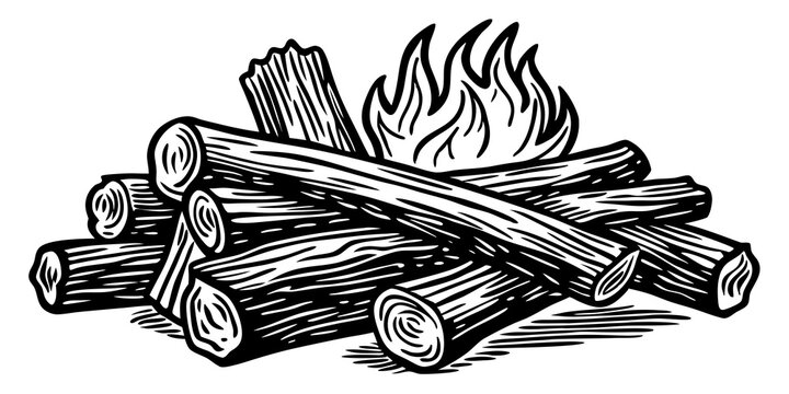 Bocetos antiguos de una pila de le&ntilde;a con troncos, ramitas y yesca. Ilustraciones de madera dibujadas a mano con tinta que muestran texturas y sombreados detallados, aisladas sobre fondo blanco para te