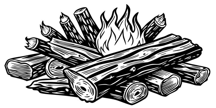 Bocetos antiguos de una pila de le&ntilde;a con troncos, ramitas y yesca. Ilustraciones de madera dibujadas a mano con tinta que muestran texturas y sombreados detallados, aisladas sobre fondo blanco para te