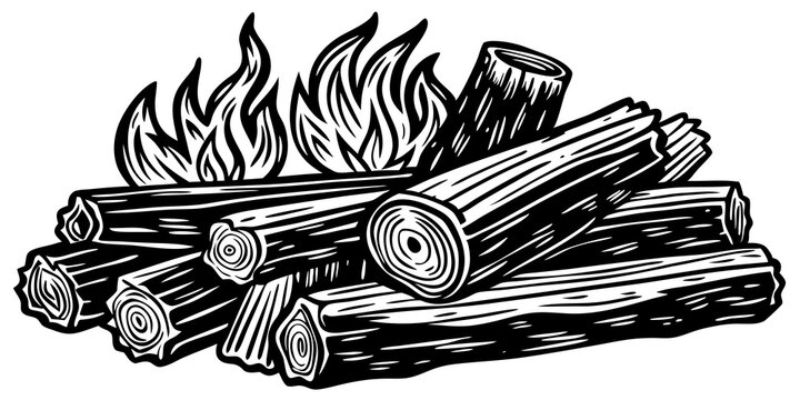 Bocetos antiguos de una pila de le&ntilde;a con troncos, ramitas y yesca. Ilustraciones de madera dibujadas a mano con tinta que muestran texturas y sombreados detallados, aisladas sobre fondo blanco para te