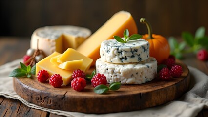 Gourmet Cheese Board with Raspberries, Pumpkin, and Mint on Rustic Wood