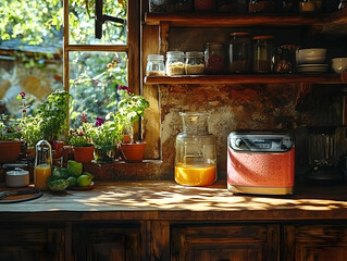 Sunny rustic kitchen with healthy breakfast