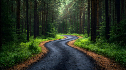 Fototapeta premium Winding road curves through a dense forest surrounded by tall trees and lush greenery under the warm sunlight
